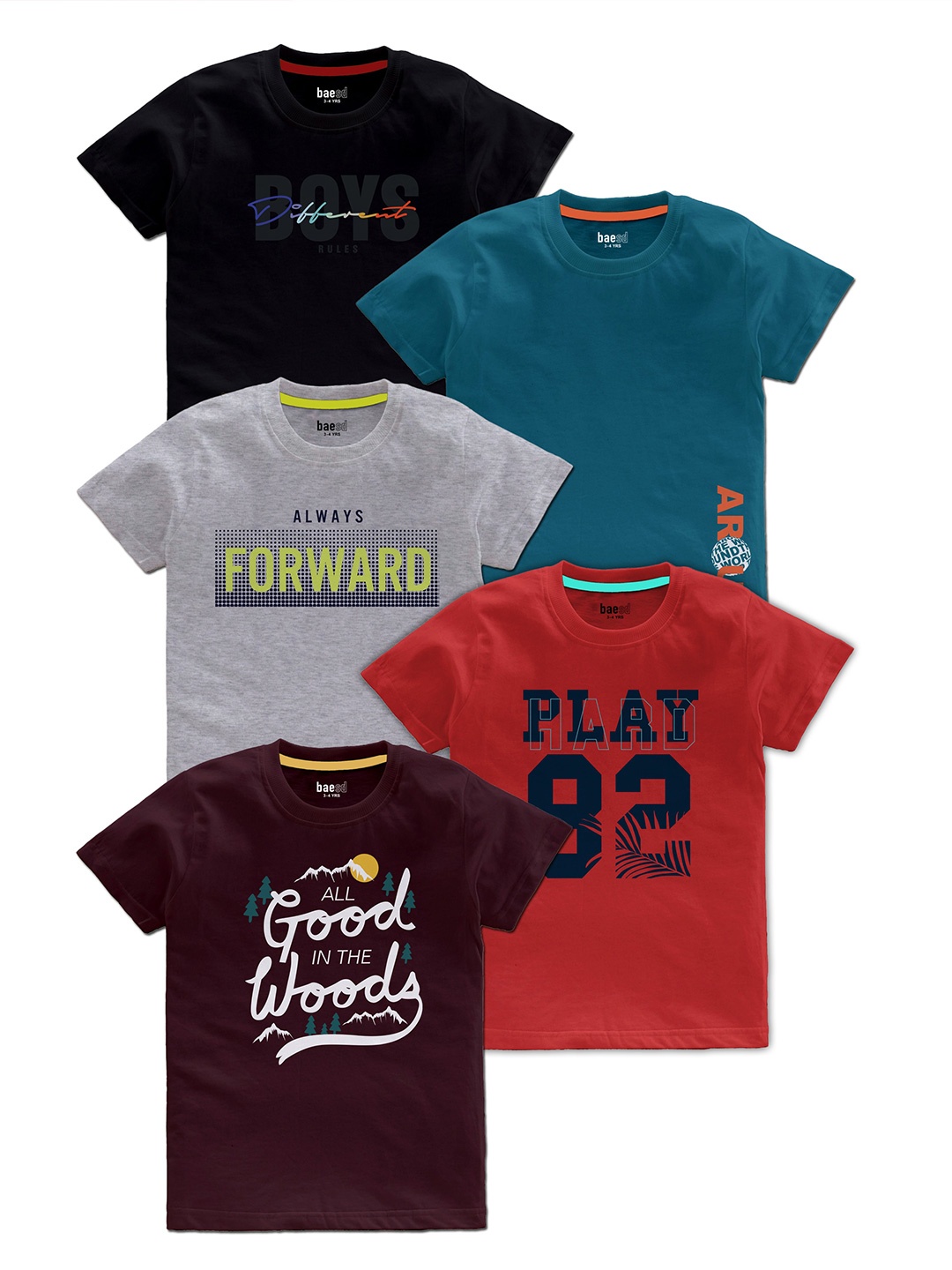 

BAESD Boys Pack Of 5 Typography Printed T-shirts, Black