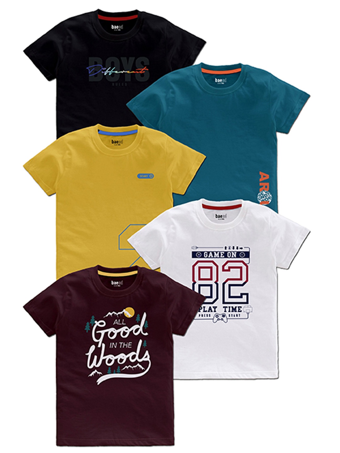 

BAESD Boys Pack Of 5 Typography Printed T-shirts, Black