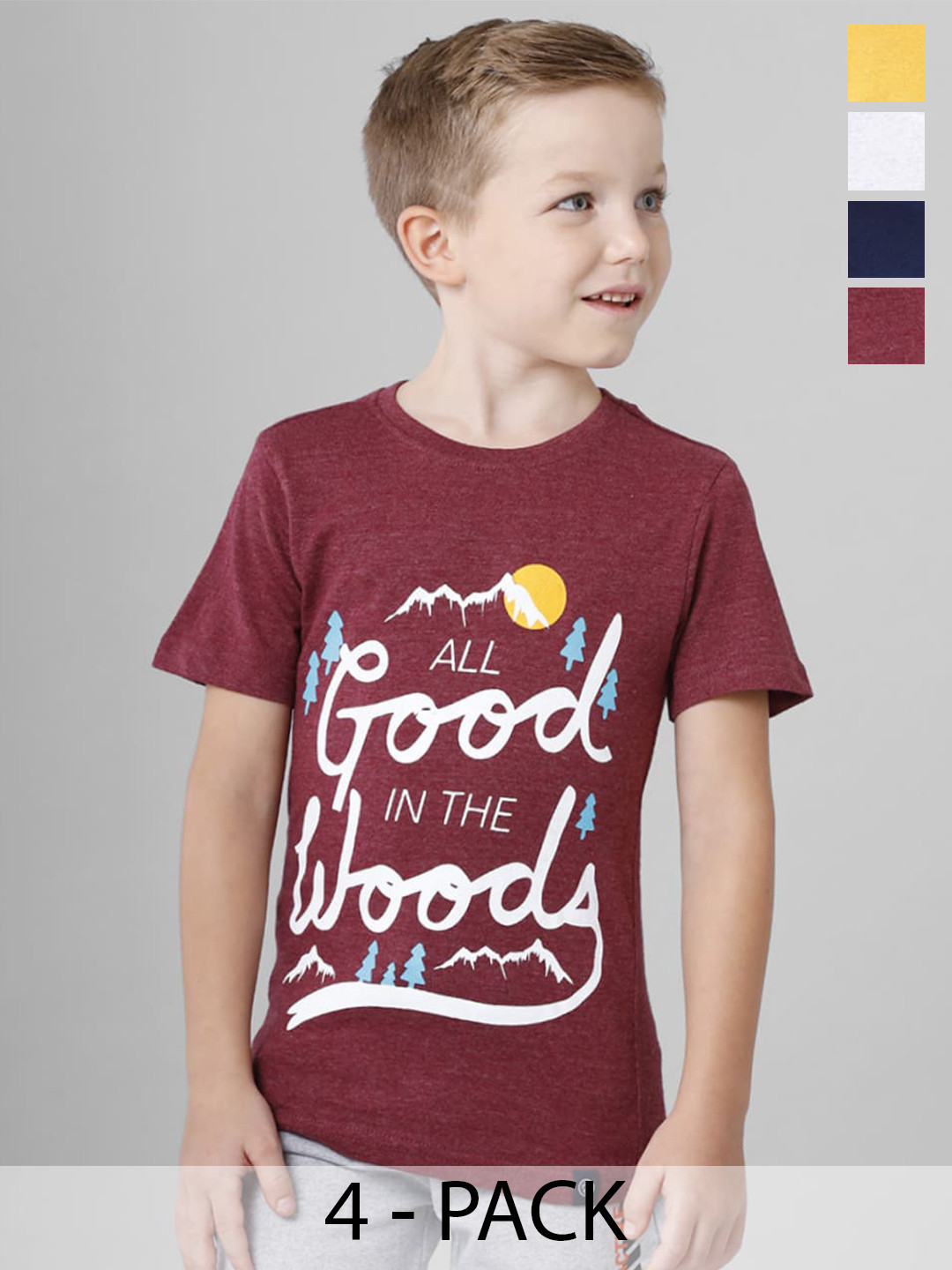 

BAESD Boys Pack Of 5 Typography Printed Round Neck Short Sleeves Tshirts, Maroon