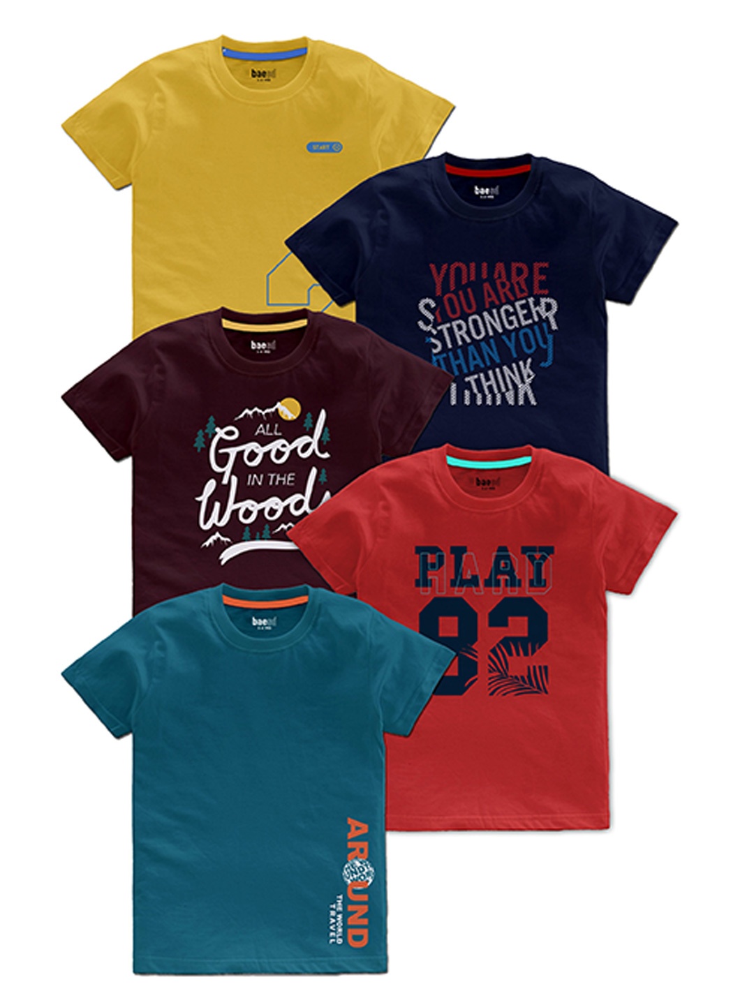BAESD Boys Pack Of 5 Typography Printed Cotton T-Shirt, Yellow
