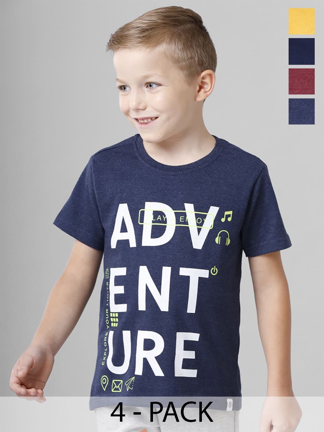 

BAESD Boys Pack Of 5 Typography Printed Round Neck Short Sleeves Tshirts, Blue