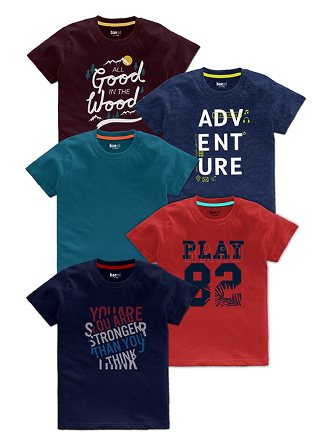 

BAESD Boys Pack Of 5 Typography Printed Cotton T Shirts, Maroon