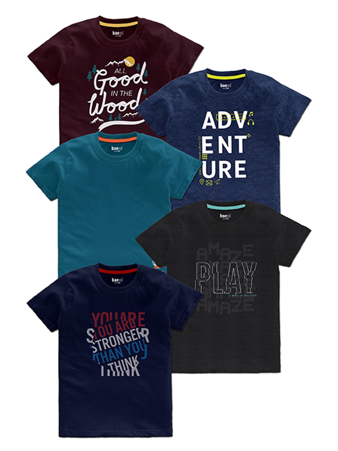 

BAESD Boys Pack Of 5 Typography Printed Cotton T Shirts, Maroon