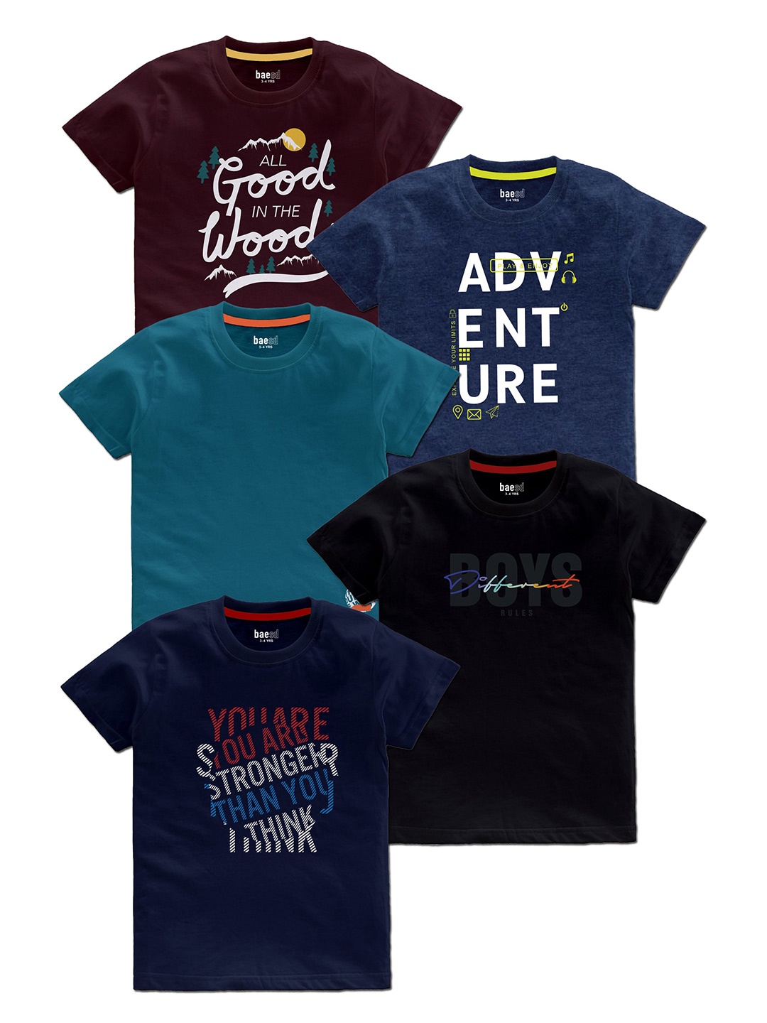 

BAESD Boys Pack Of 5 Typography Printed Cotton T Shirts, Maroon