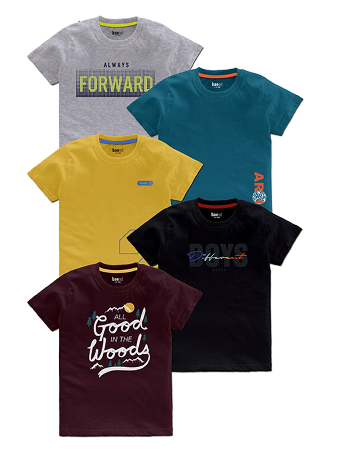 

BAESD Boys Pack Of 5 Typography Printed Cotton T Shirts, Grey