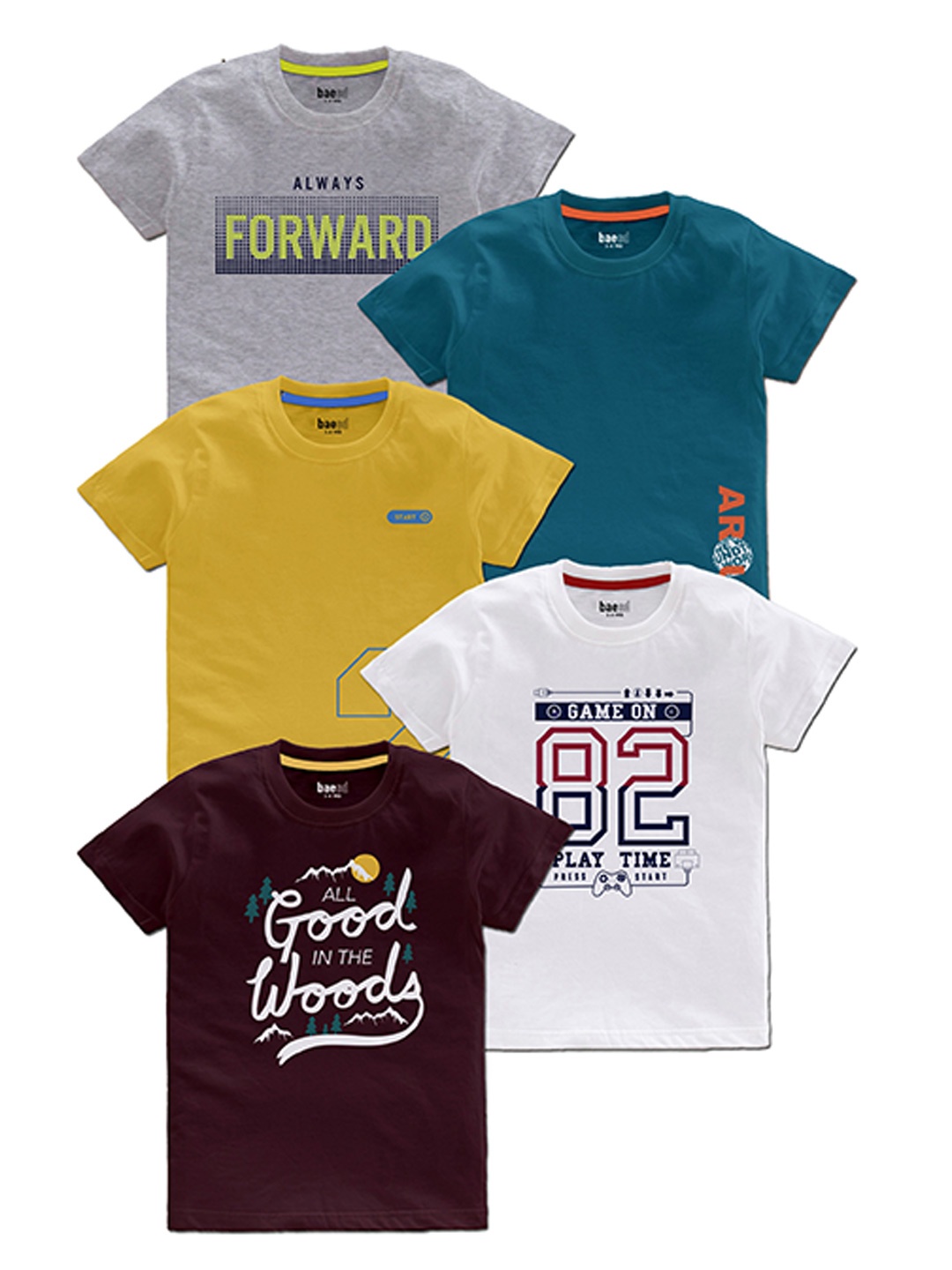 BAESD Boys Pack Of 5 Typography Printed Cotton T Shirts, Grey