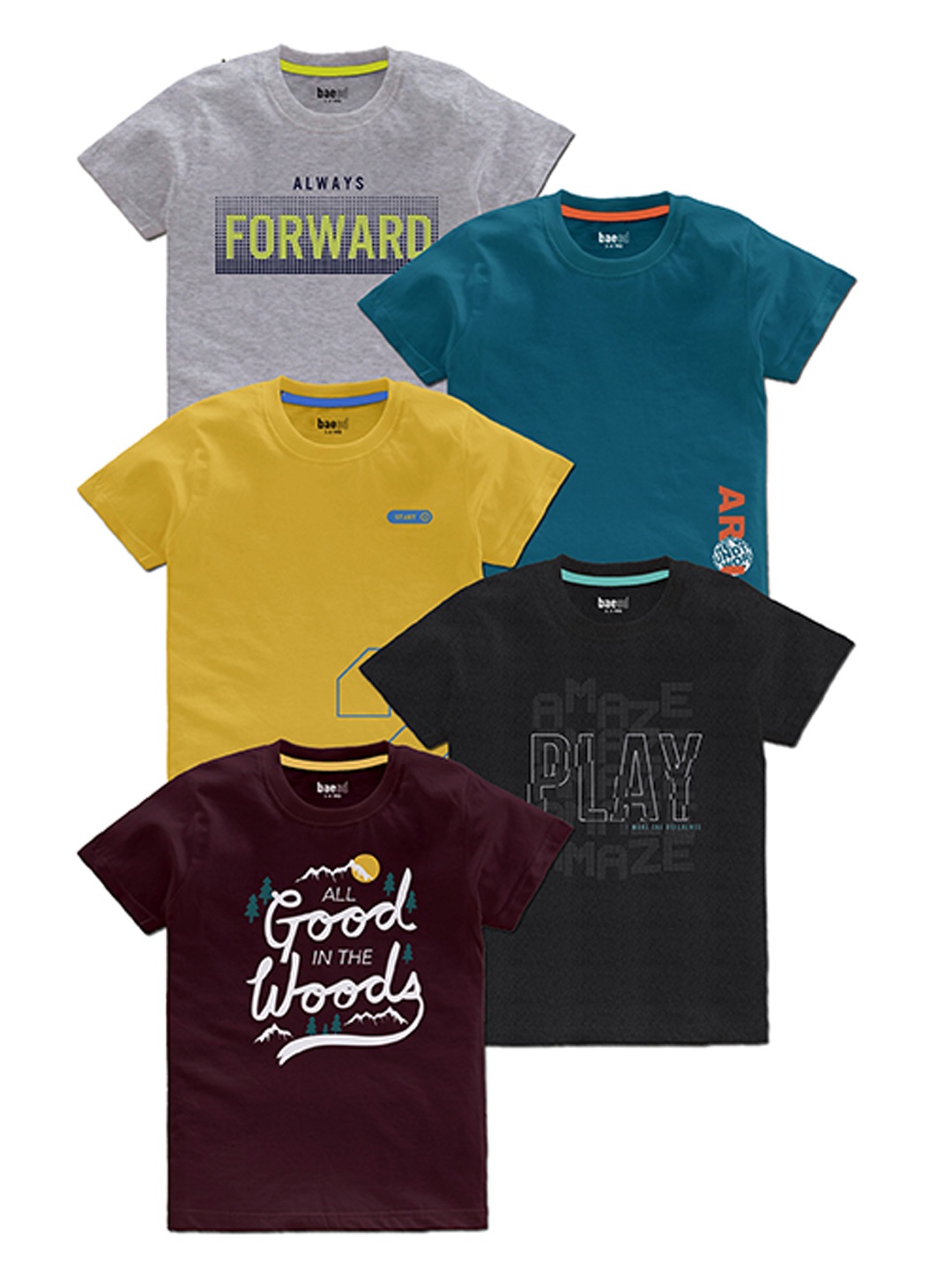 BAESD Boys Pack Of 5 Typography Printed Cotton T Shirts, Grey