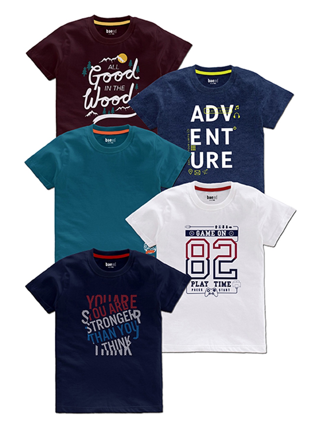 

BAESD Boys Pack Of 5 Typography Printed Round Neck T-shirts, Teal