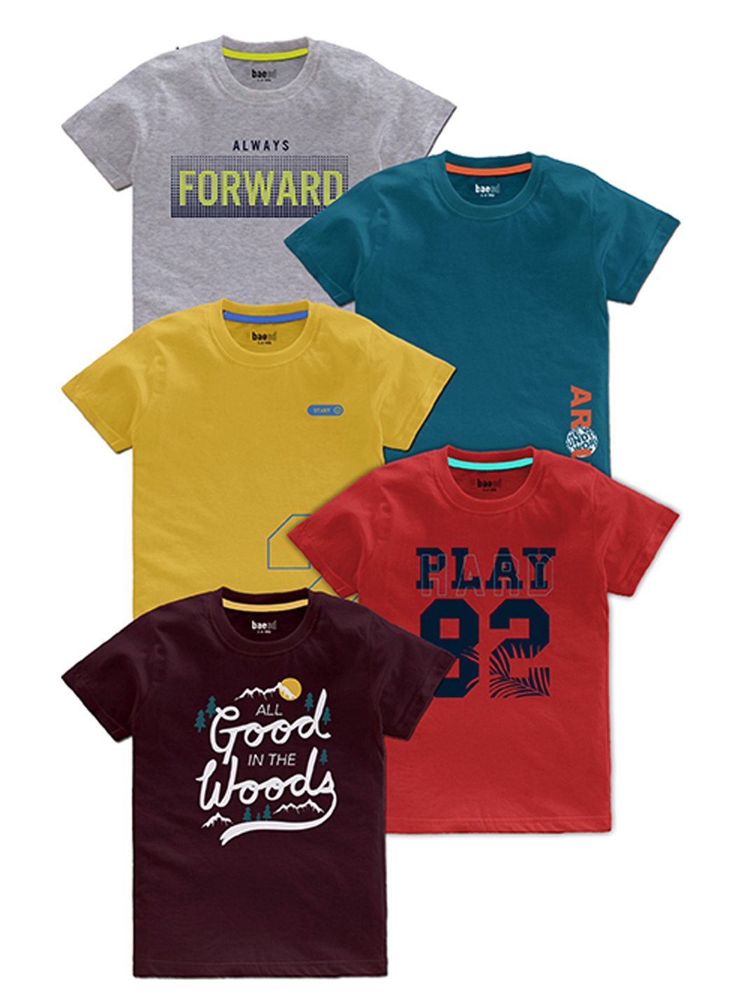 

BAESD Boys Pack Of 5 Typography Printed Round Neck T-shirts, Yellow