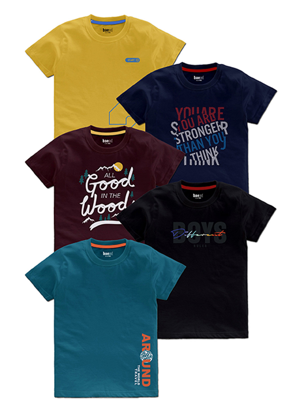 

BAESD Boys Pack Of 5 Typography Printed Round Neck T-shirts, Yellow