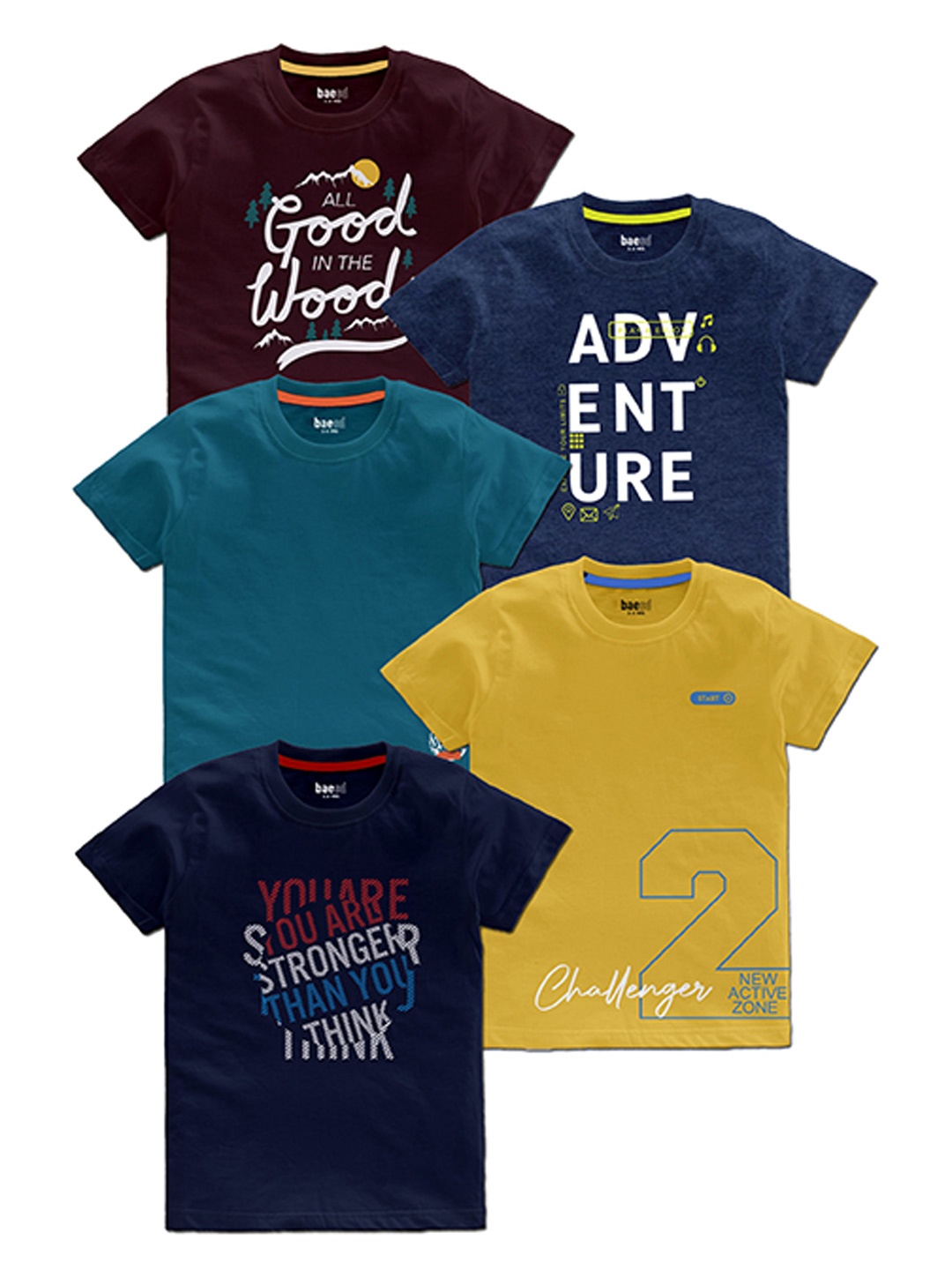 

BAESD Boys Pack Of 5 Typography Printed Round Neck T-shirts, Yellow