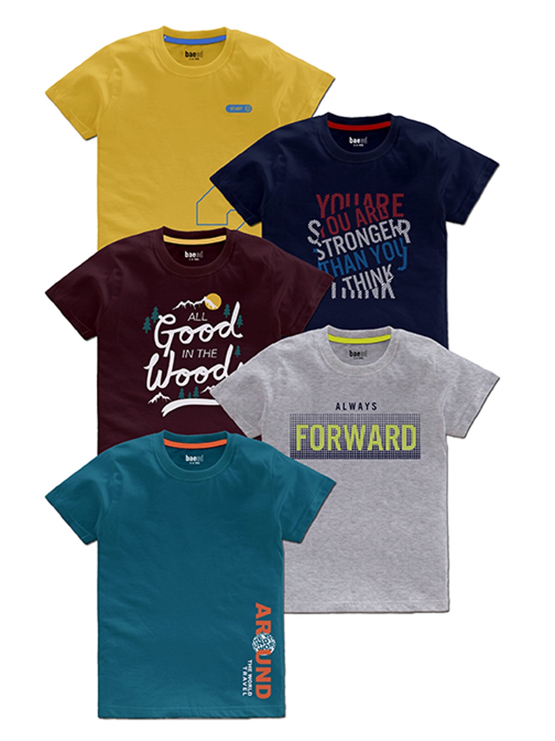 BAESD Boys Pack Of 5 Typography Printed Round Neck T-shirts, Yellow