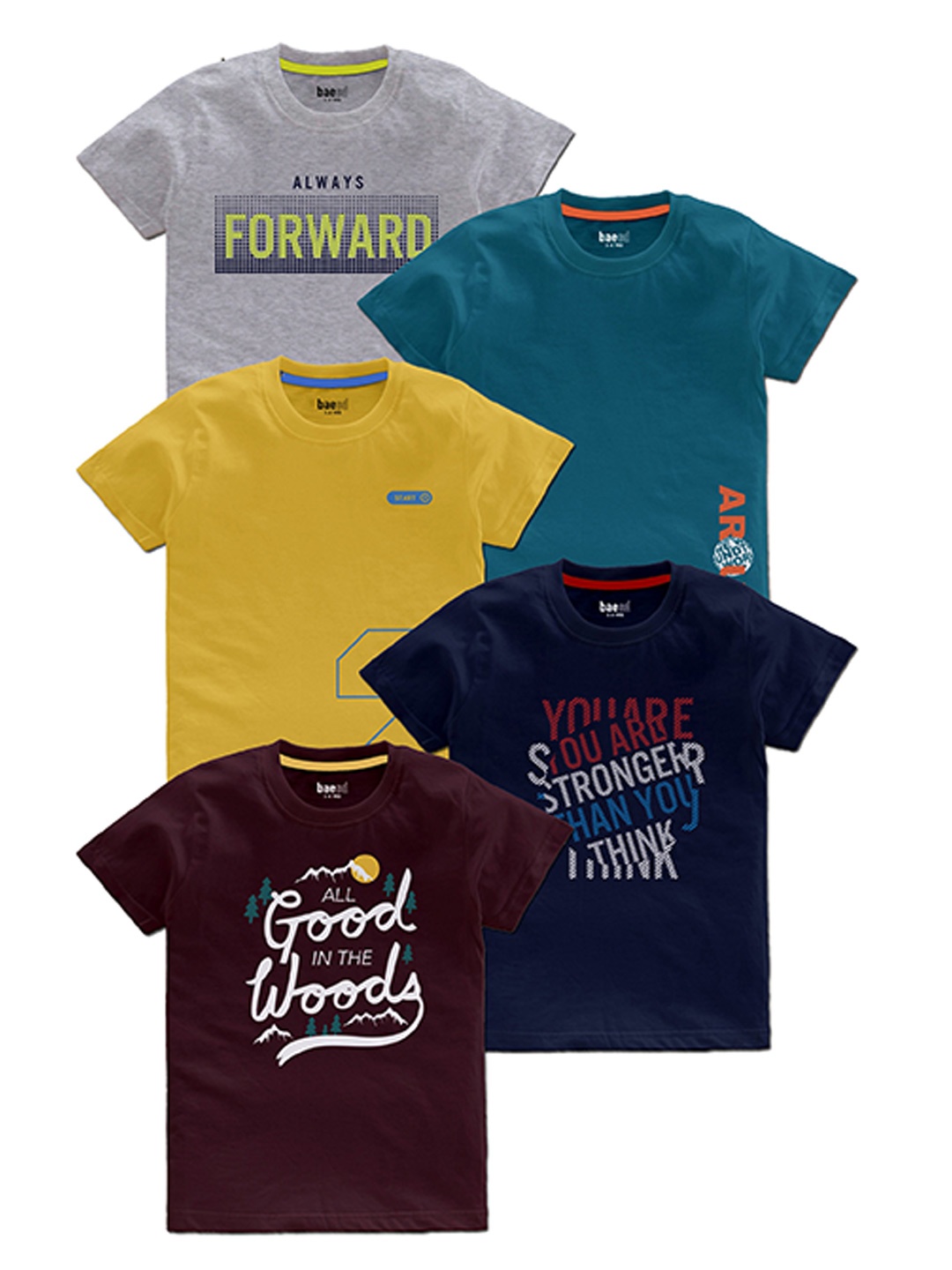 

BAESD Boys Pack Of 5 Typography Printed Round Neck T-shirts, Teal