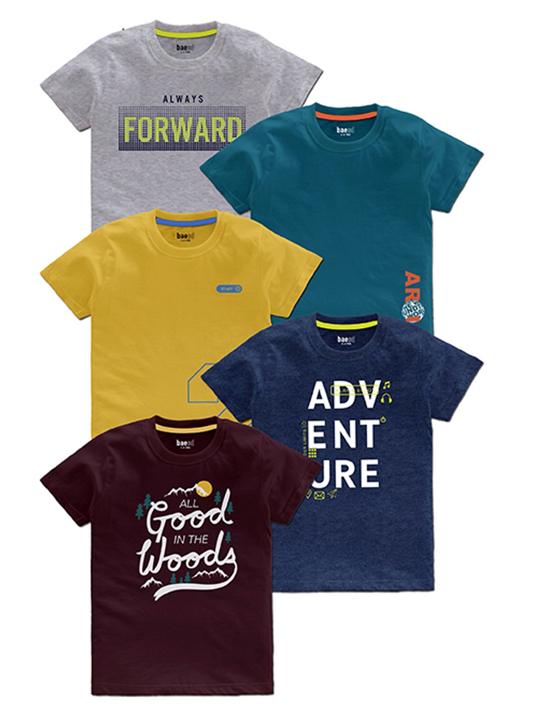 

BAESD Boys Pack Of 5 Typography Printed Round Neck T-shirts, Yellow