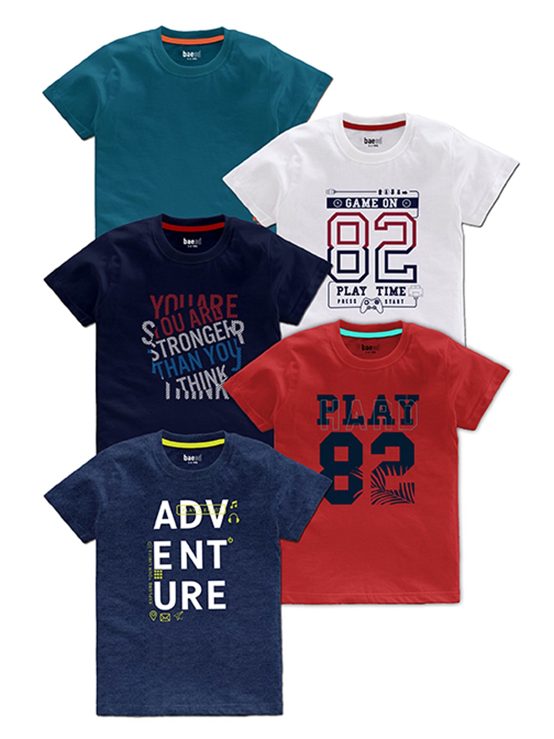 

BAESD Boys Pack Of 5 Typography Printed Round Neck T-shirts, Red
