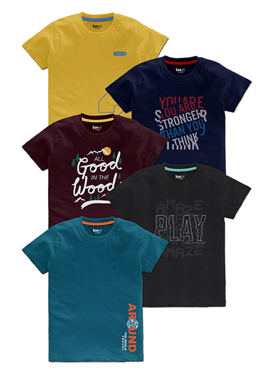 BAESD Boys Pack Of 5 Typography Printed Round Neck T-shirts, Yellow