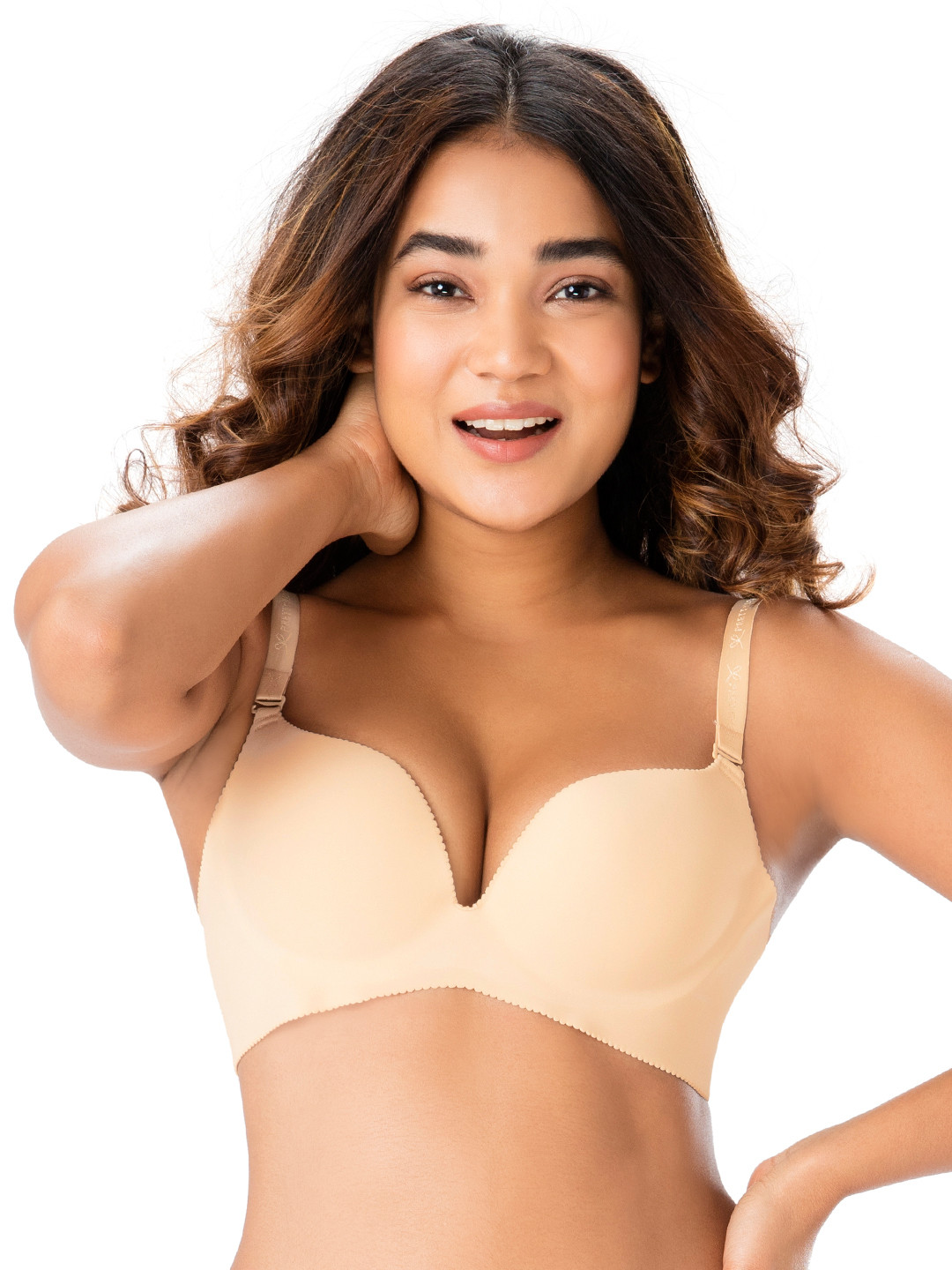 

PrettySecrets Nude-Coloured Solid Non-Wired Lightly Padded Plunge Bra