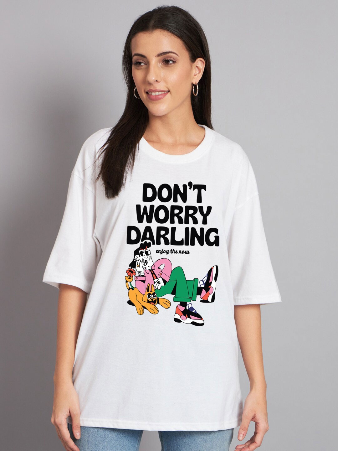 

Imsa Moda Typography Printed Drop-Shoulder Sleeves Cotton Oversized T-shirt, White