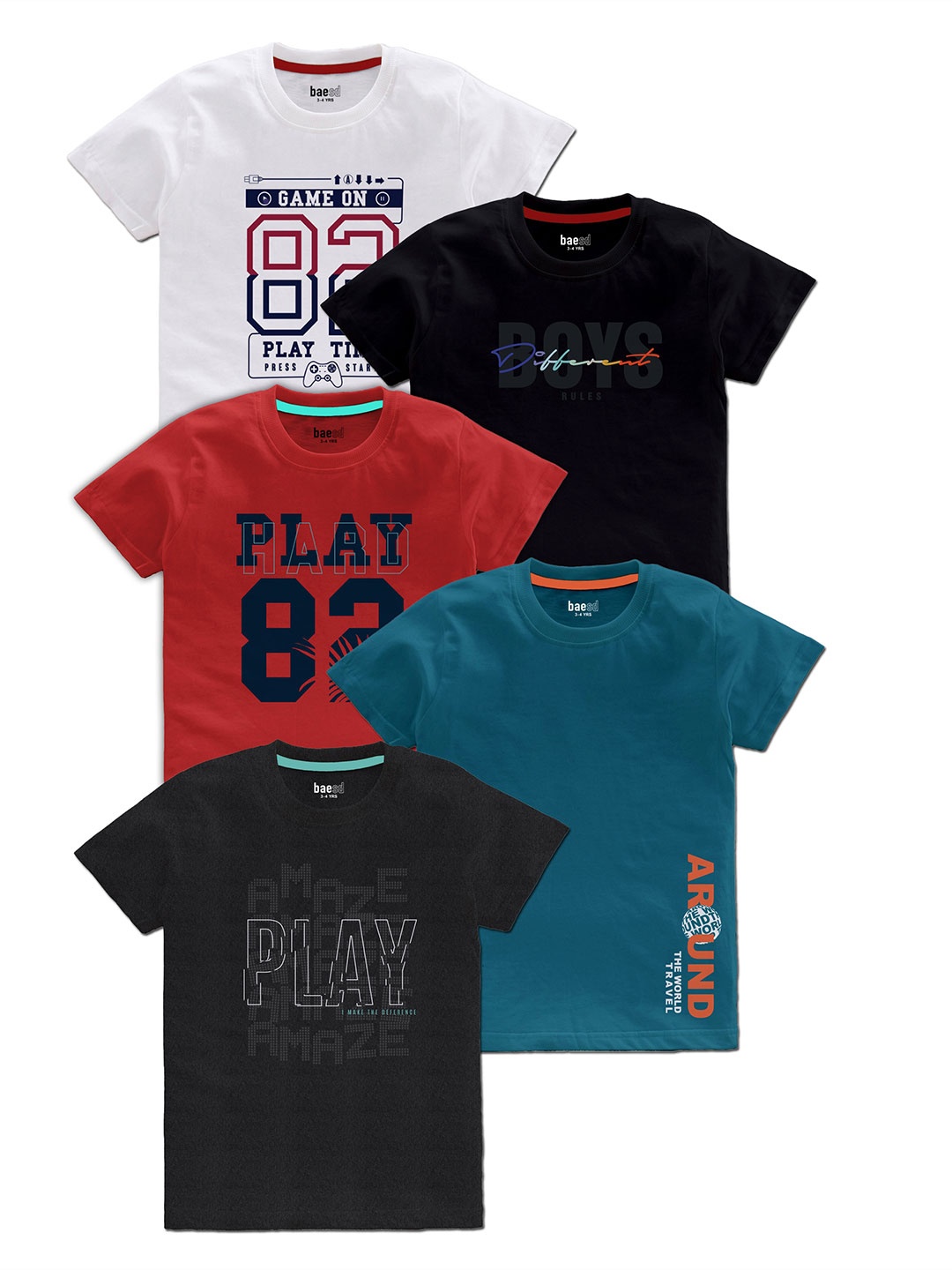 

BAESD Boys Pack Of 5 Typography Printed Round Neck T-shirts, Red