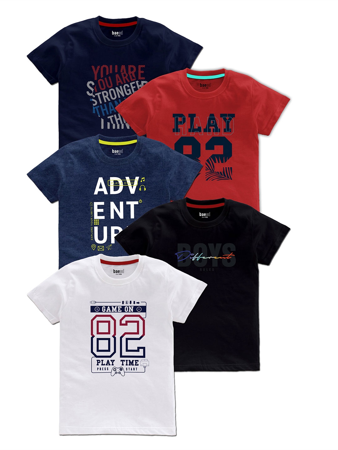 

BAESD Boys Pack Of 5 Typography Printed Round Neck T-shirts, White