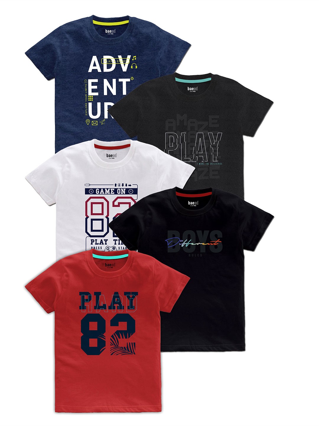 

BAESD Boys Pack Of 5 Typography Printed Cotton T Shirts, Navy blue