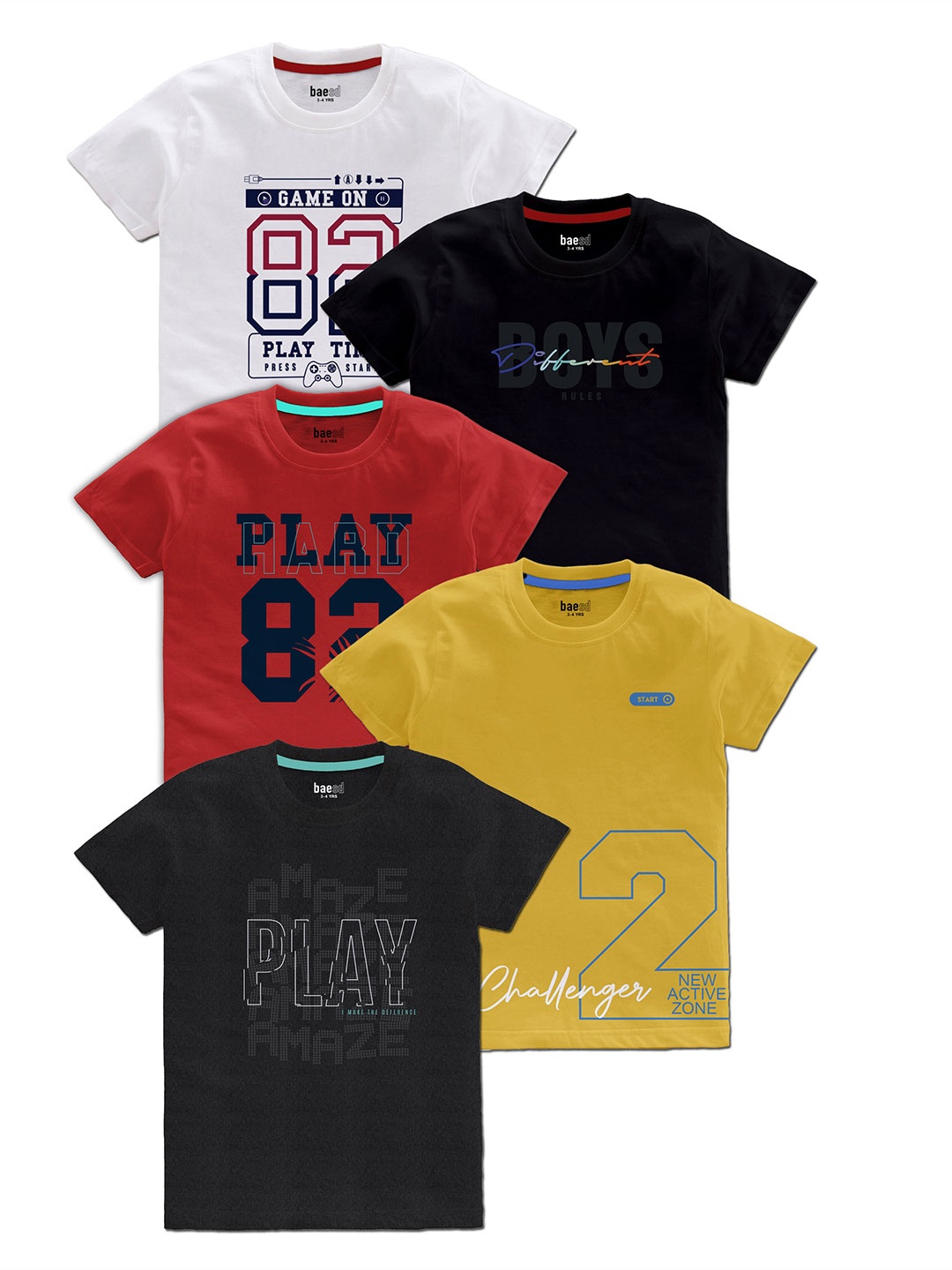

BAESD Boys Pack Of 5 Typography Printed Cotton T Shirts, White