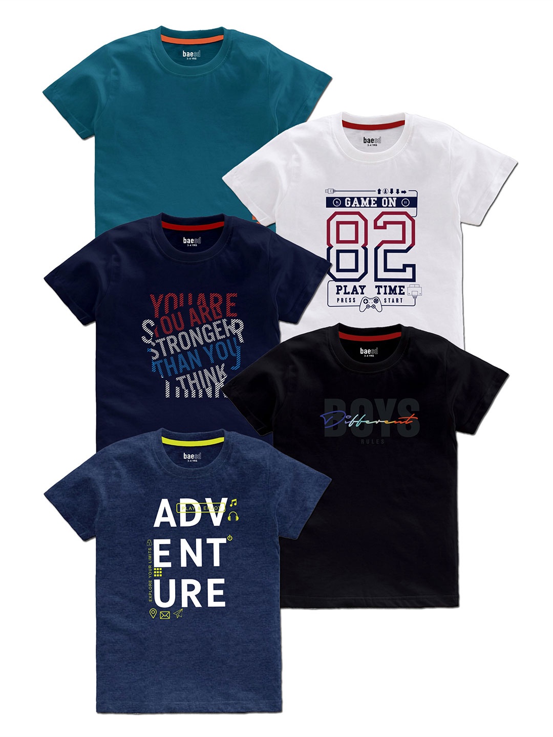 BAESD Boys Pack Of 5 Typography Printed Cotton T Shirts, Teal