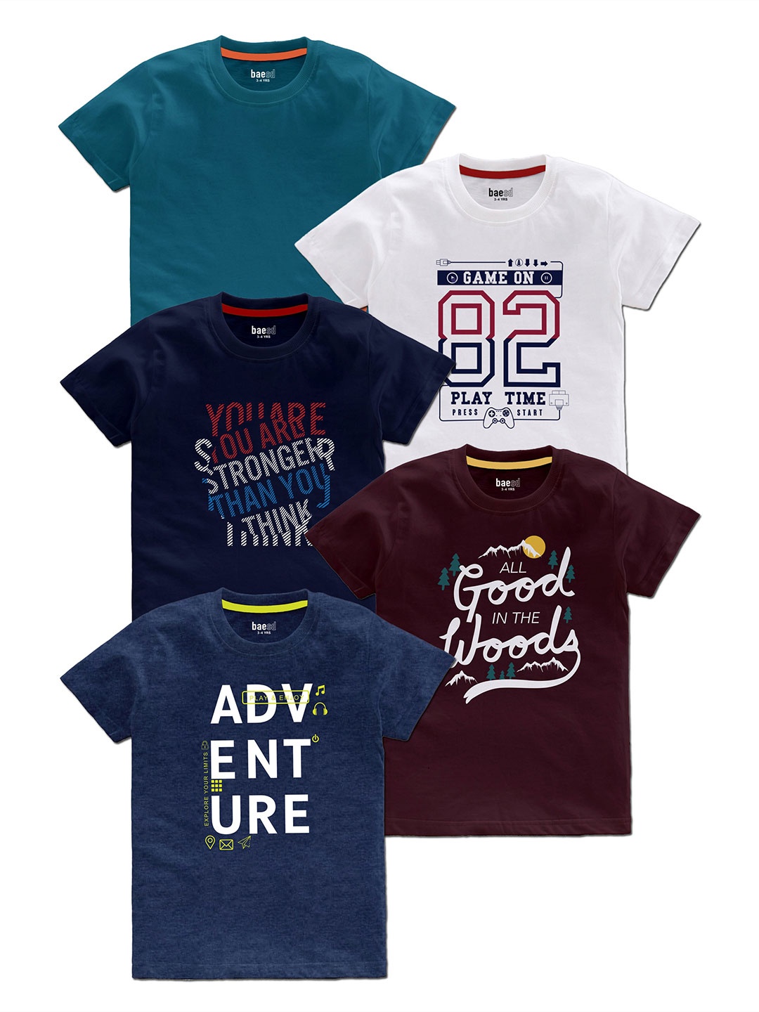 

BAESD Boys Pack Of 5 Typography Printed Cotton T Shirts, Teal