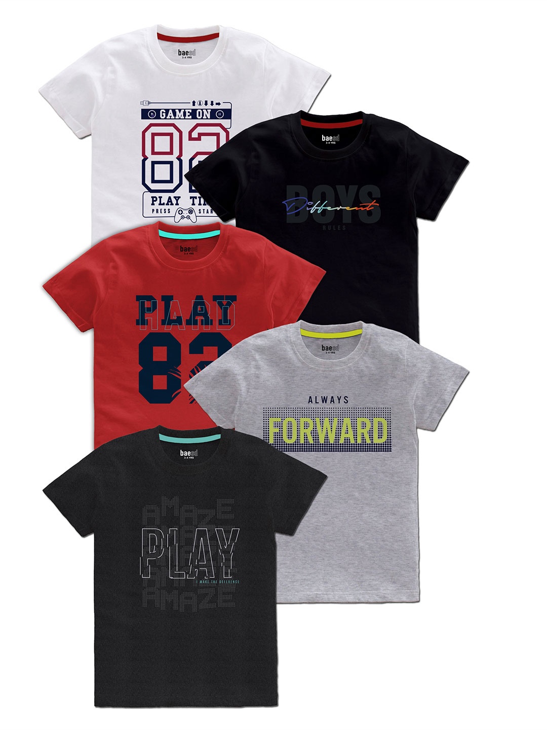 

BAESD Boys Pack Of 5 Typography Printed Cotton T Shirts, White