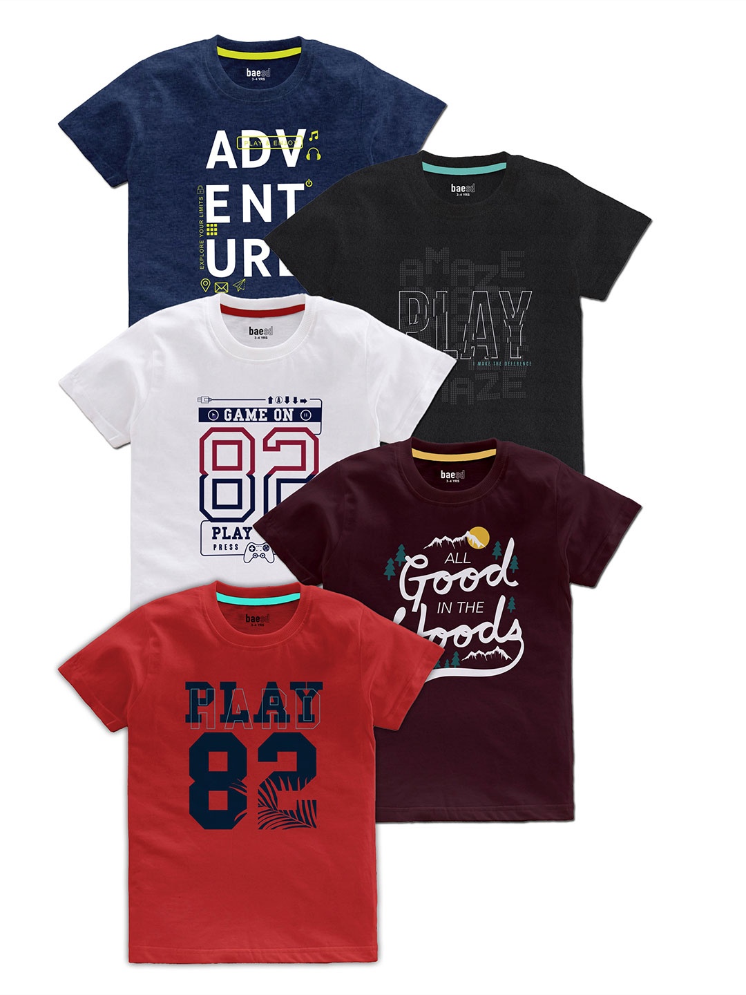 

BAESD Boys Pack Of 5 Typography Printed Cotton T Shirts, Blue