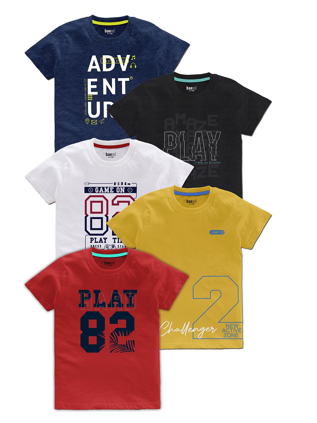 BAESD Boys Pack Of 5 Typography Printed Cotton T Shirts, Blue