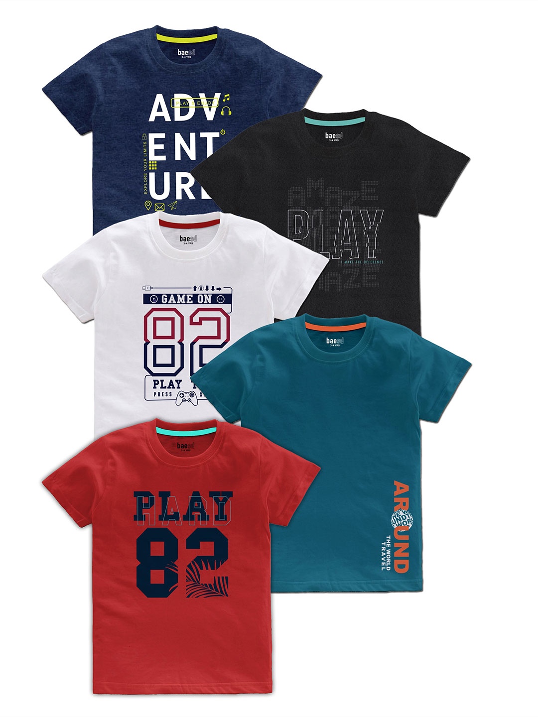 

BAESD Boys Pack Of 5 Typography Printed Cotton T Shirts, Blue