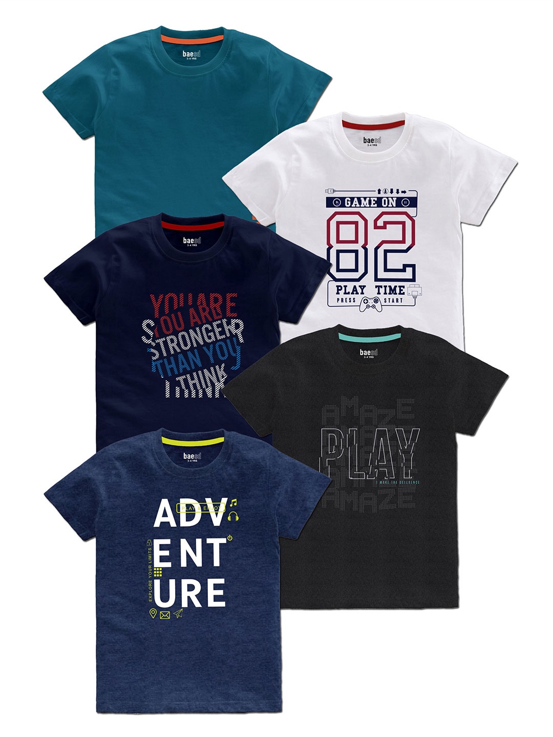 BAESD Boys Pack Of 5 Typography Printed Cotton T Shirts, Teal