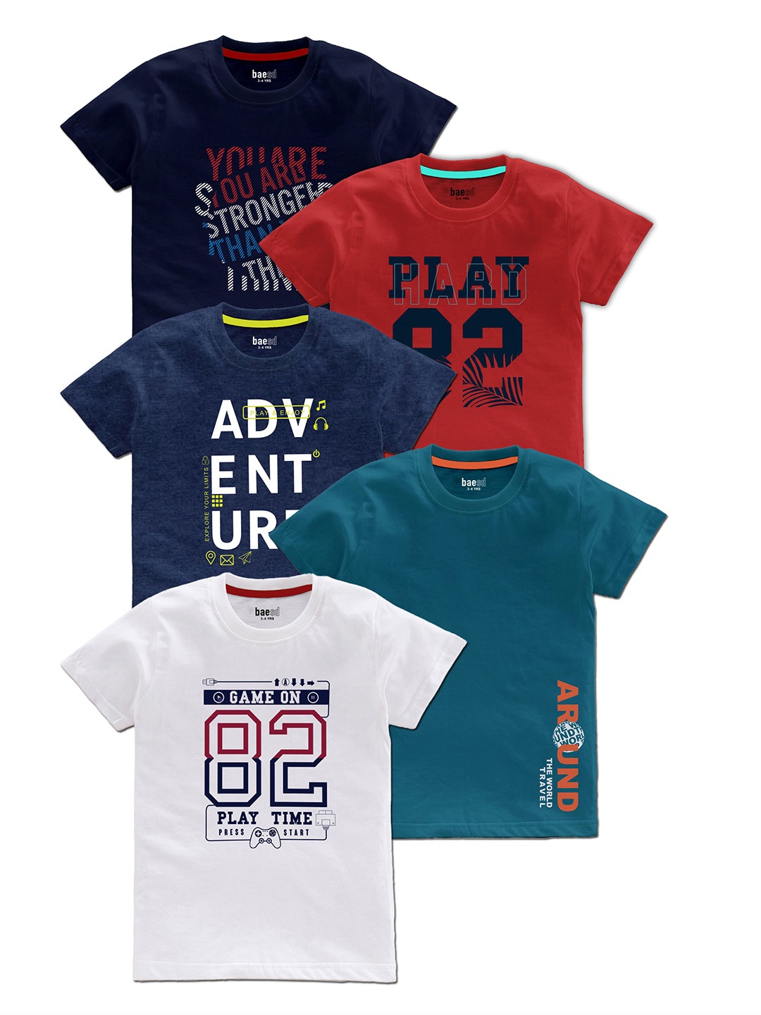

BAESD Boys Pack Of 5 Typography Printed Cotton T Shirts, Blue
