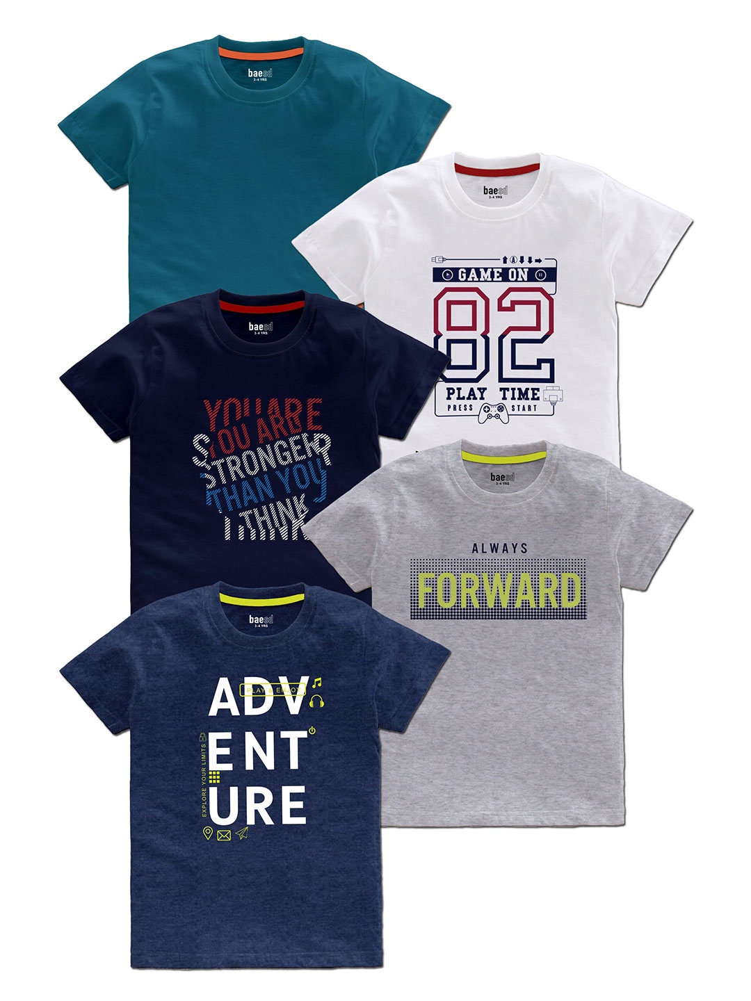 

BAESD Boys Pack Of 5 Typography Printed Round Neck T-shirts, Teal