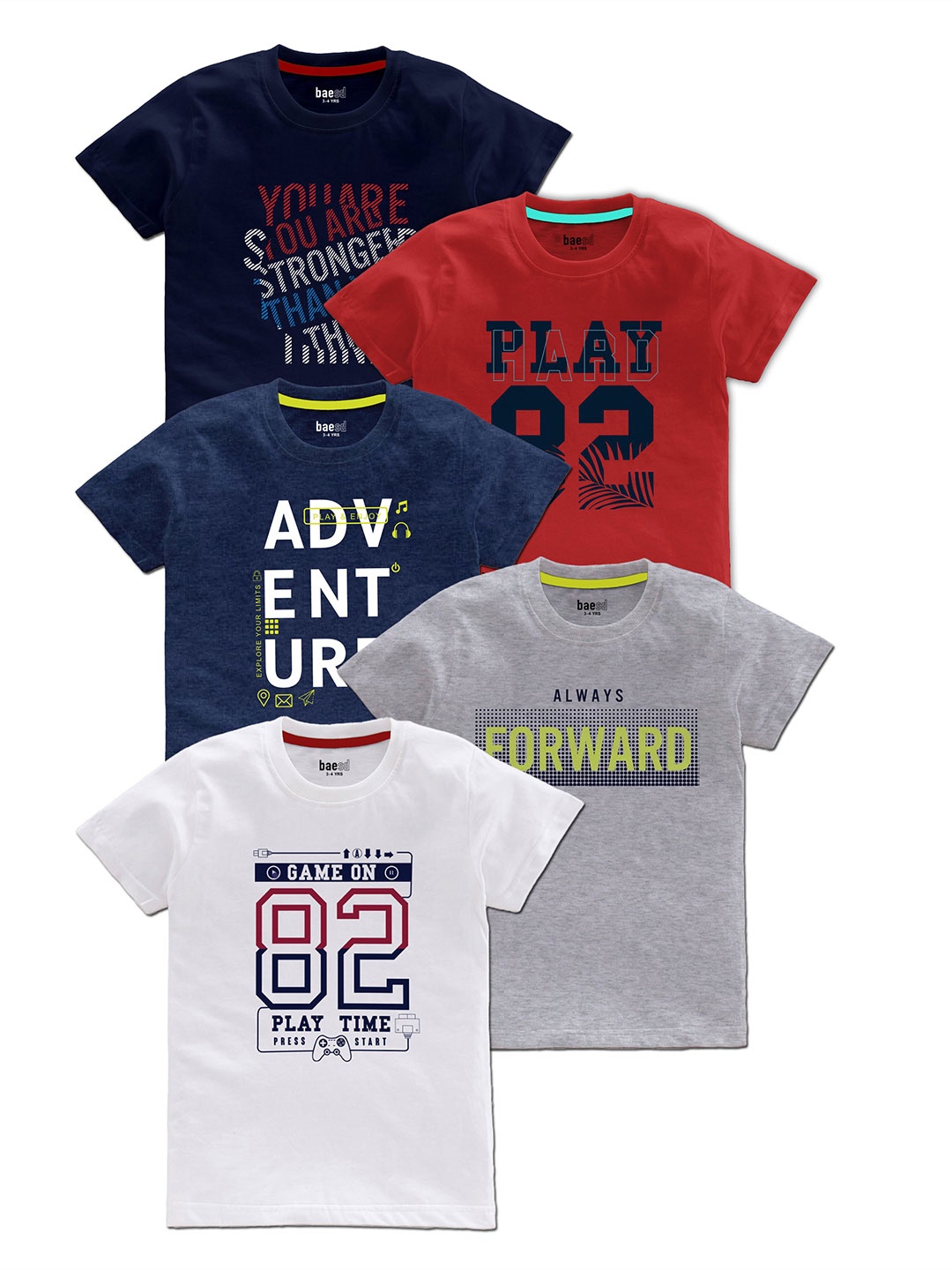

BAESD Boys Pack Of 5 Typography Printed Cotton T-Shirt, Blue