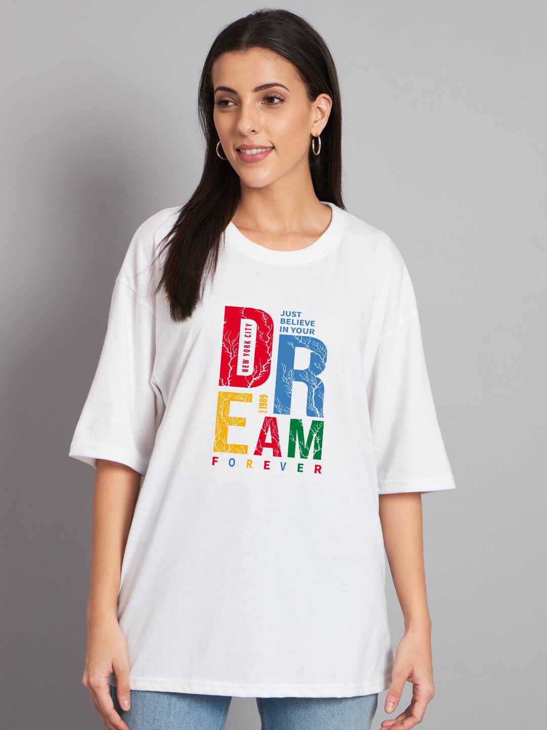 

Imsa Moda Typography Printed Drop Shoulder Sleeves Oversized Cotton T-shirt, White