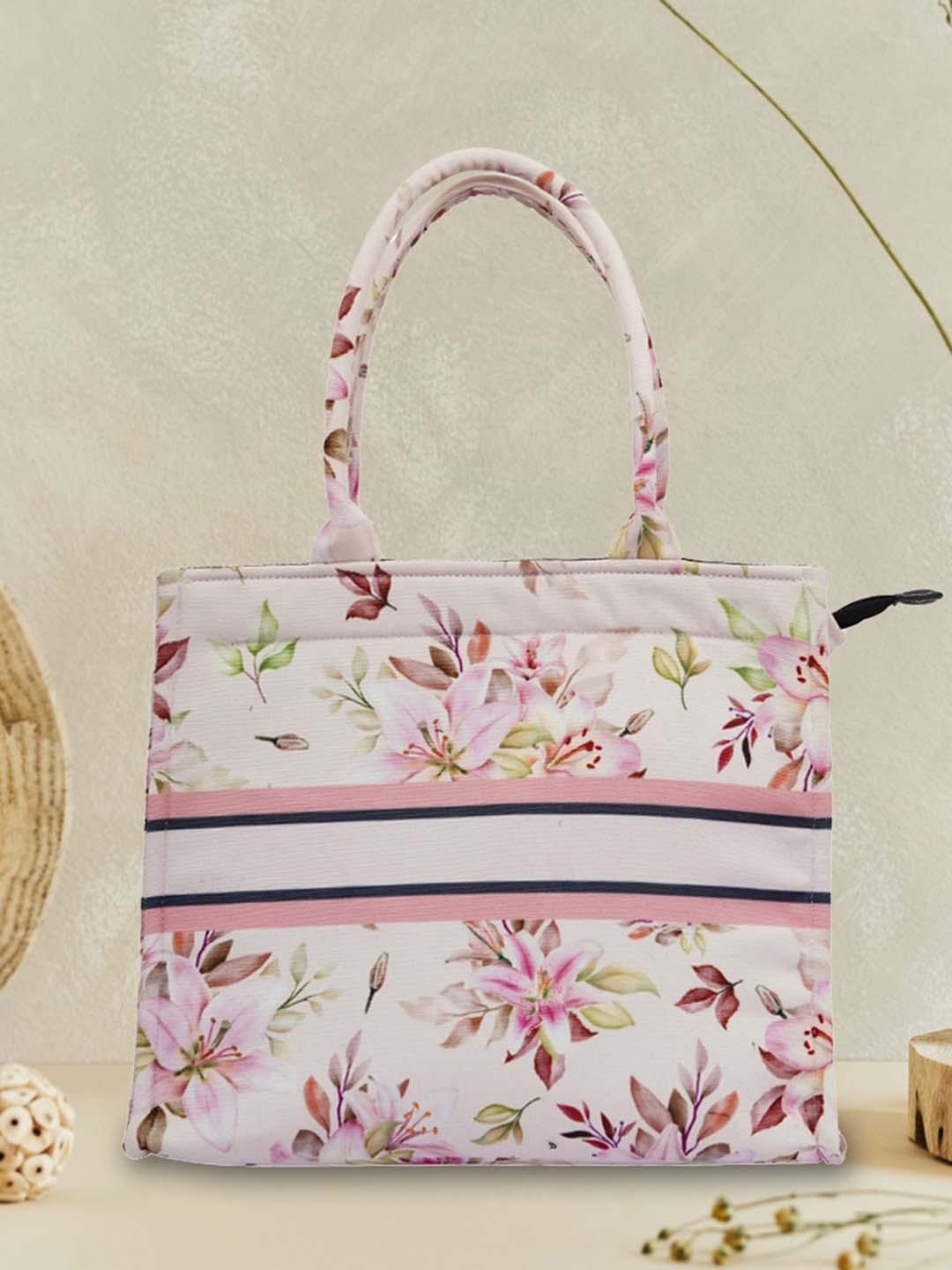 

DressBerry Pink Floral Printed Structured Canvas Handheld Bag