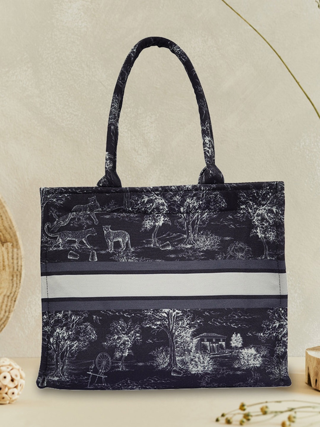 

DressBerry Floral Printed Structured Canvas Handheld Bag, Black