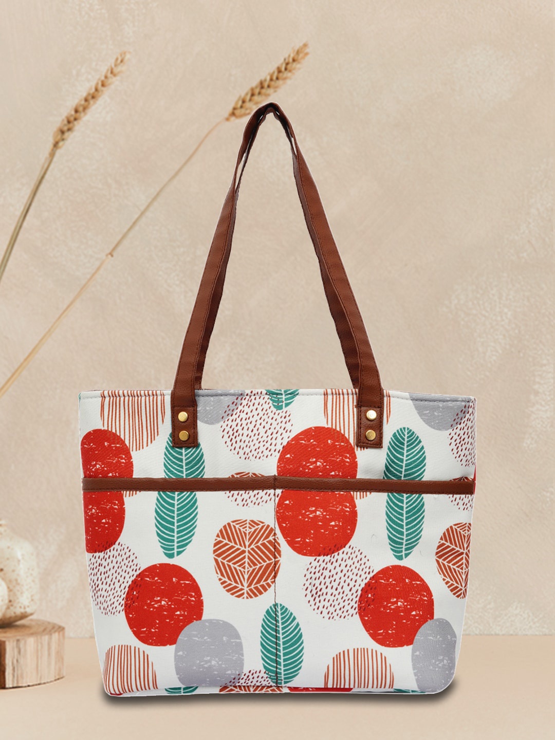 

DressBerry White Geometric Printed Canvas Shopper Handheld Bag