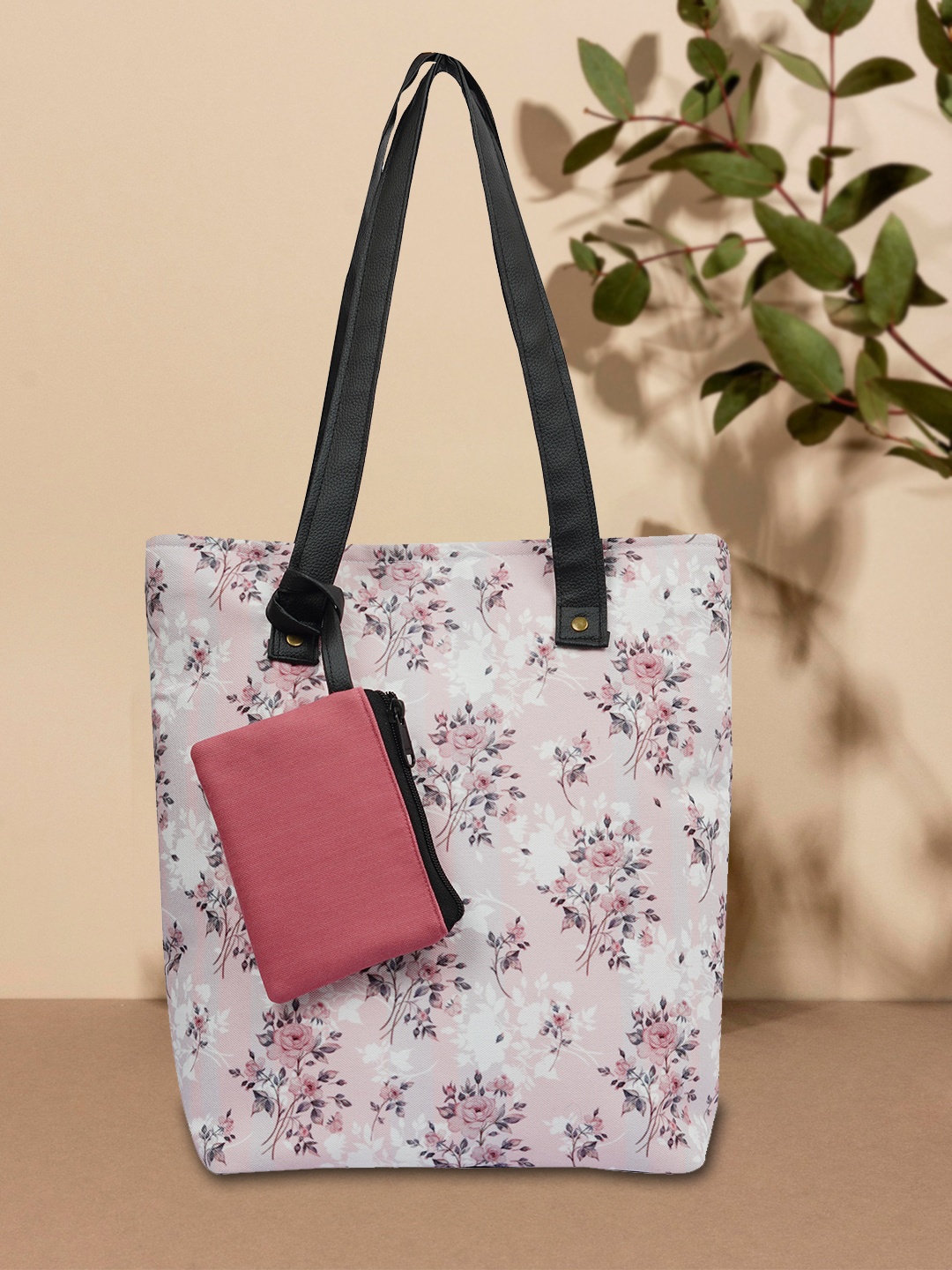 

DressBerry Beige Floral Printed Structured Canvas Tote Bag with Bow Detail, Pink