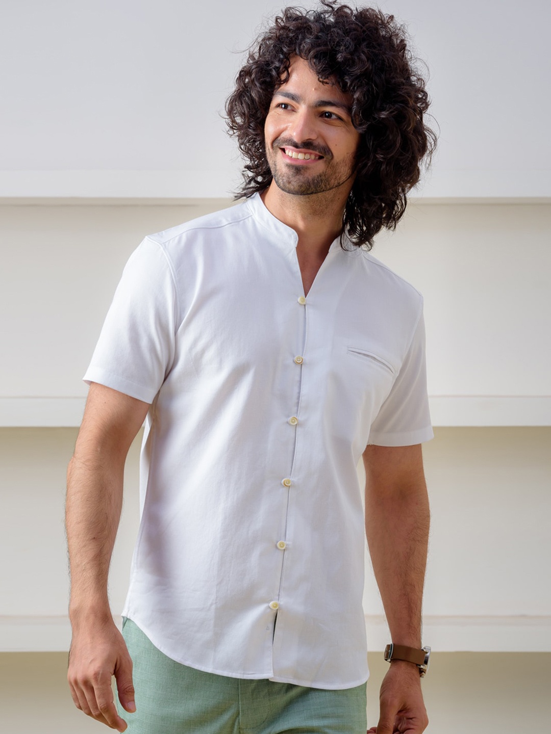 

KINGDOM OF WHITE Mandarin Collar Standard Opaque Cotton Casual Shirt
