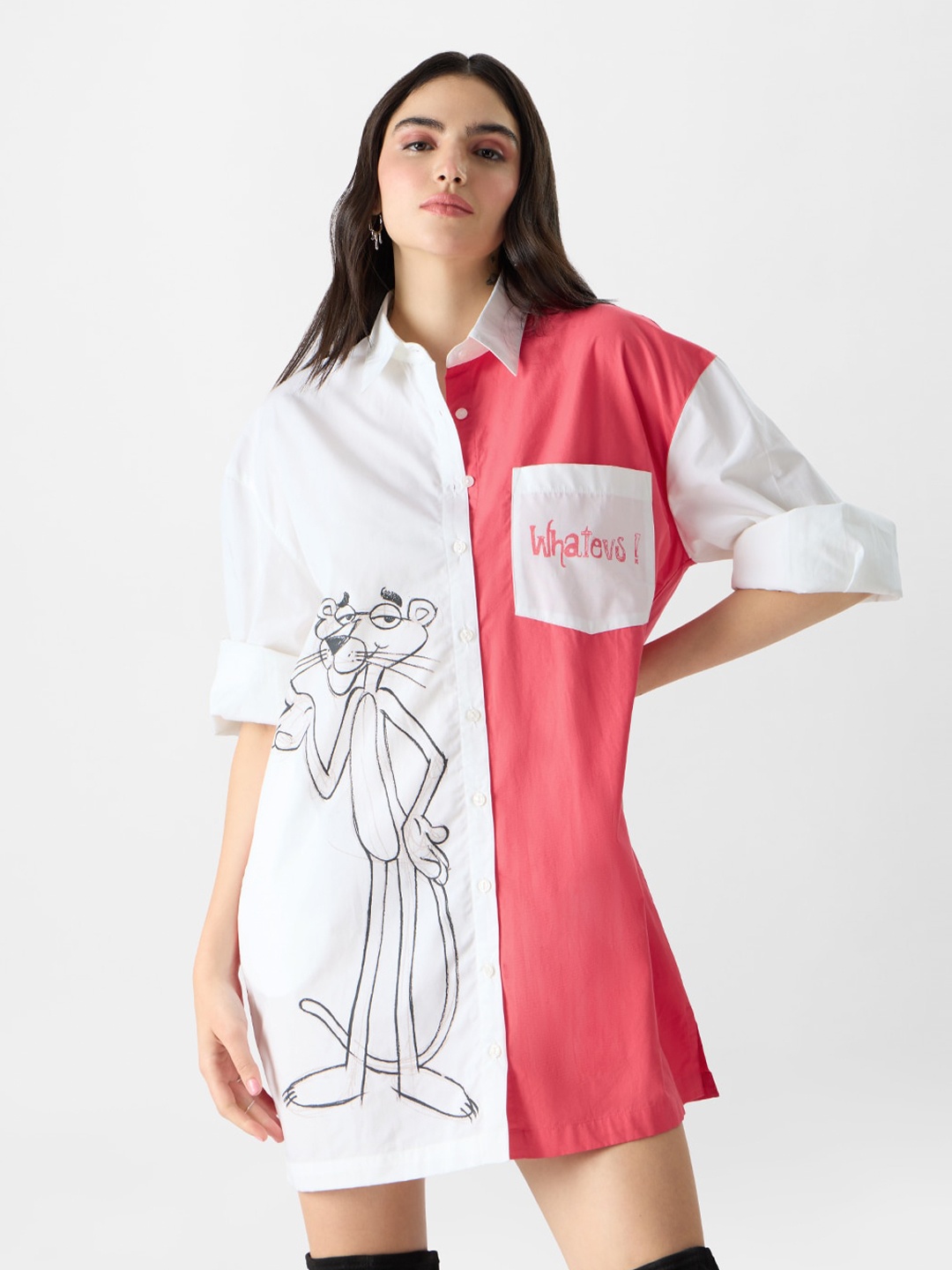 

The Souled Store Pink & White Pink Panther Printed Pure Cotton Shirt Dress