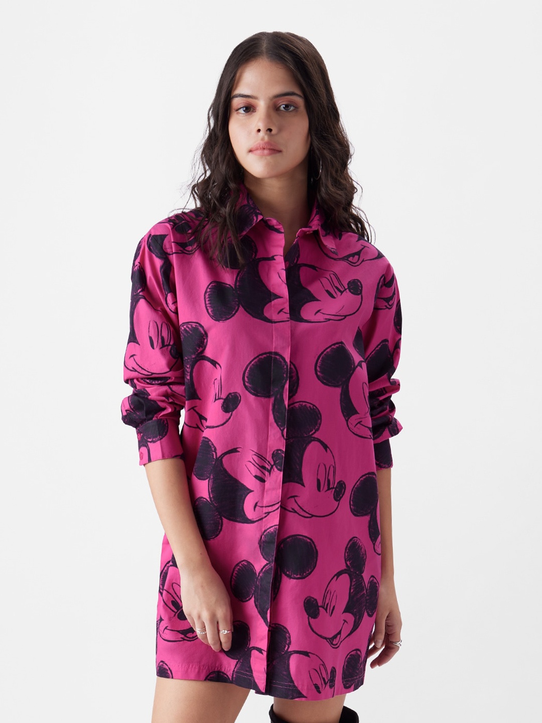 

The Souled Store Pure Cotton Mickey Mouse Printed Shirt Dress, Pink