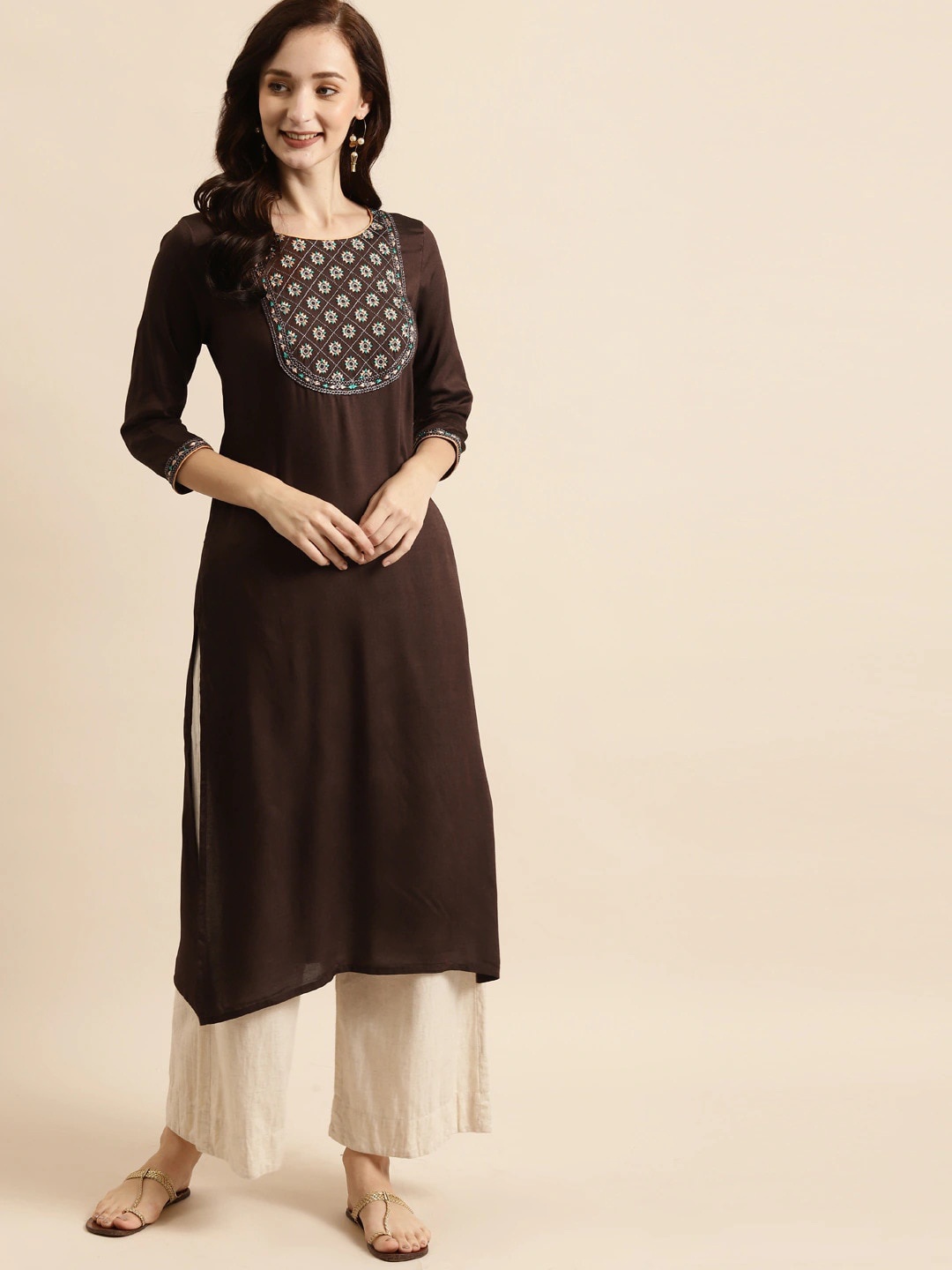 

RANGMAYEE Floral Yoke Design Thread Work Liva Straight Kurta, Brown