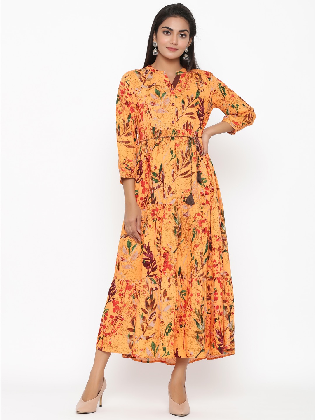 

RANGMAYEE Floral Printed Tiered Liva A-Line Midi Dress, Mustard