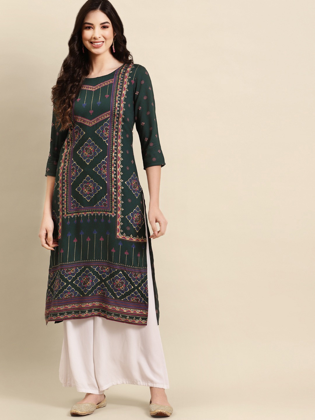 

RANGMAYEE Ethnic Motifs Printed Round Neck Straight Kurta, Olive