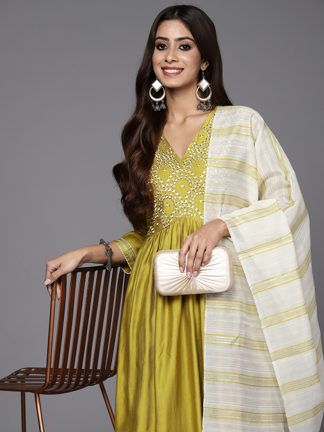 

Indo Era Women Embroidered Empire Liva Kurta with Trousers & With Dupatta, Olive