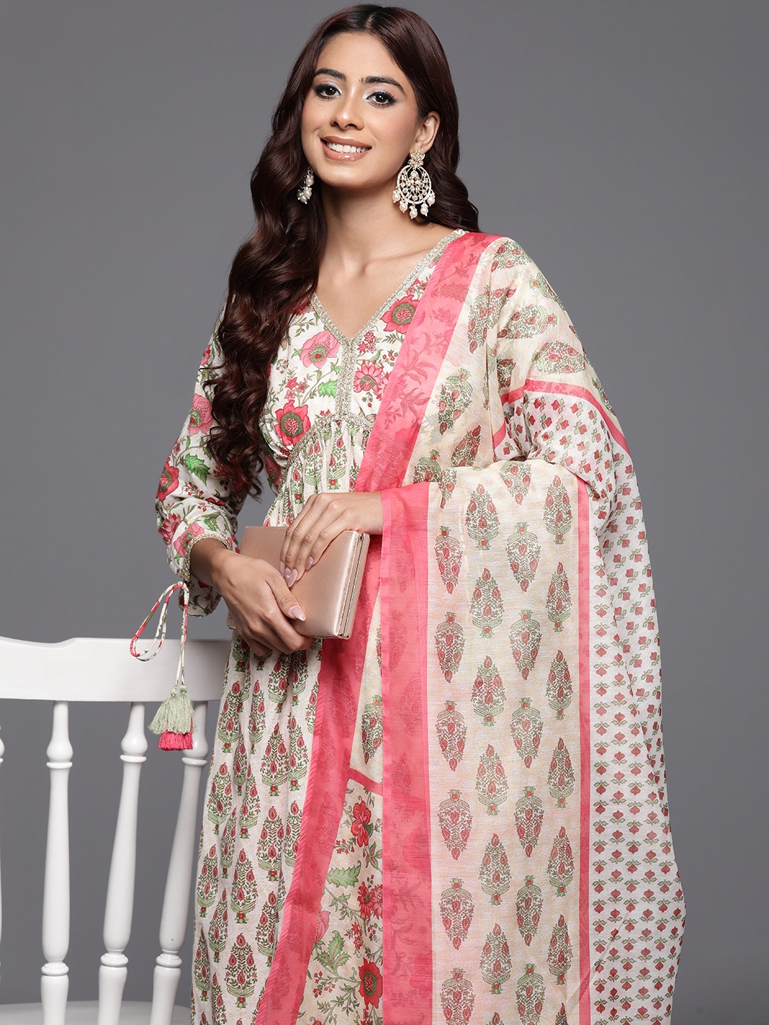 

Indo Era Floral Printed Zari Empire Pure Cotton Kurta with Trousers & Dupatta, Off white