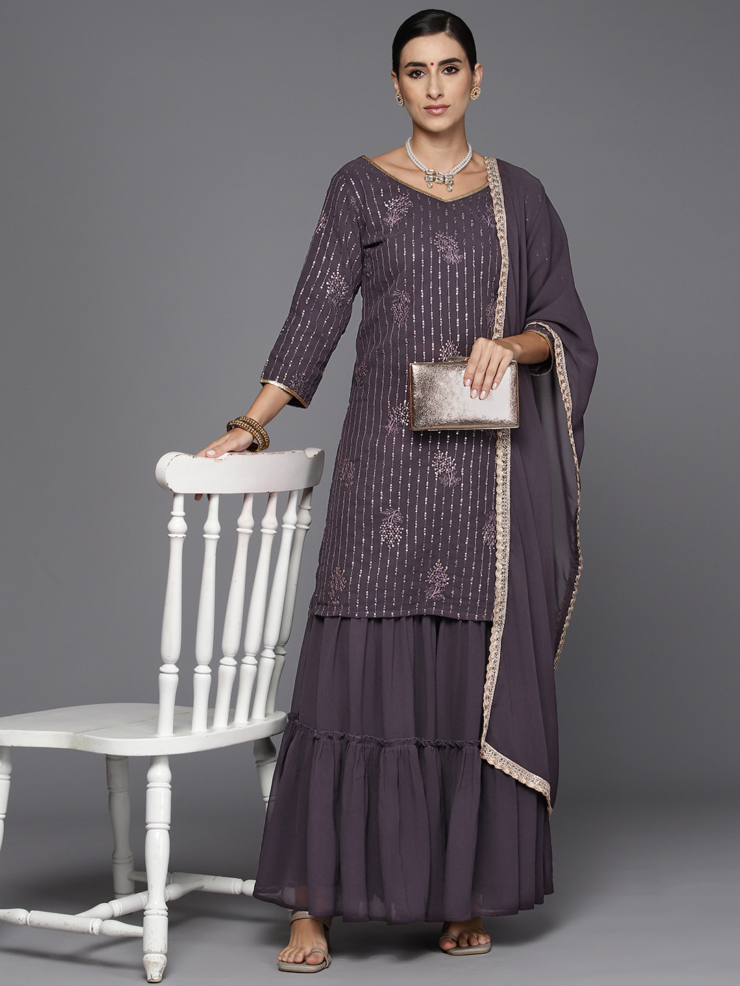 

Indo Era Women Floral Embroidered Regular Sequinned Kurta with Sharara & With Dupatta, Purple